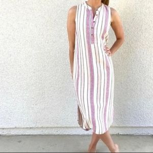 Splendid Picnic Stripe Pink & White Sleeveless Linen Blend Belted Midi Dress  XS
